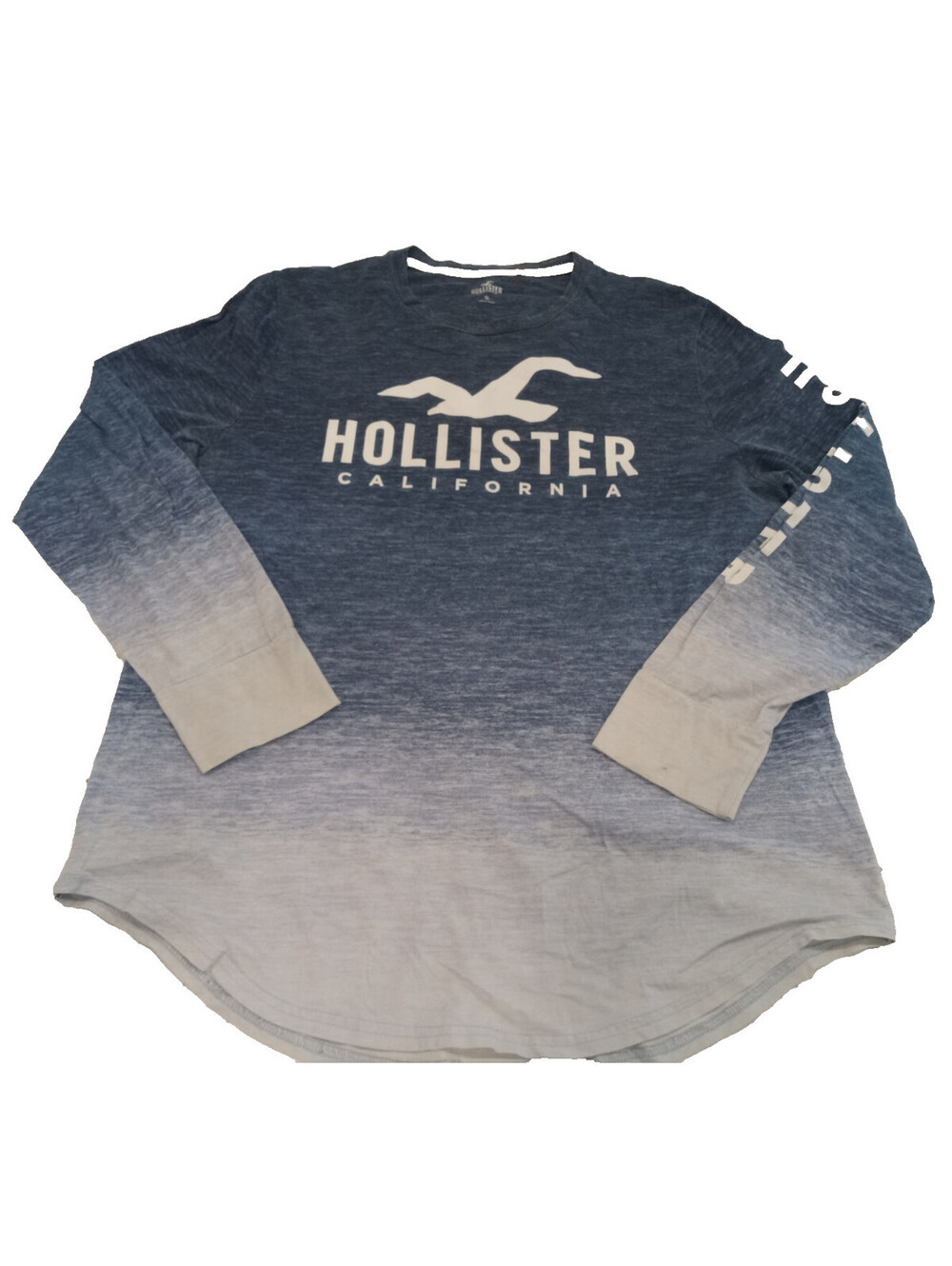 Hollister Shirt Mens XL Navy White Ombre Gradient Long Sleeve Seagull Logo Tee